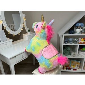 Calut gonflabil de sarit pentru copii Rainbow Unicorn, realizat din cauciuc imbracat in plus pufos, cu pompa de picior inclusa, dimensiune 61 x 17 x 52 cm imagine