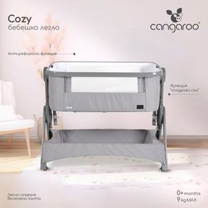 Patut Co-Sleeper pliabil Cangaroo Cozy Gri cu laterala culisanta, saltea inclusa, functie anti reflux, 5 nivele de reglare a inaltimii, roti cu frana, recomandat de la nastere pana la 9 kg imagine