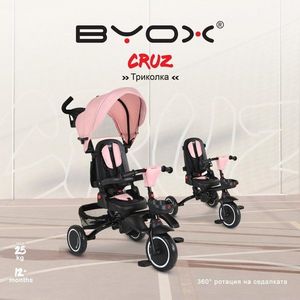 Tricicleta pliabila pentru copii Byox Cruz Pink cu scaun rotativ 360 grade, spatar reglabil, copertina, maer parental reglabil, roti EVA cu frana, cosulet, gentuta si suport pahar imagine