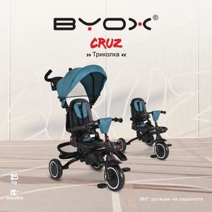 Tricicleta pliabila pentru copii Byox Cruz Turcoaz cu scaun rotativ 360 grade, spatar reglabil, copertina, maer parental reglabil, roti EVA cu frana, cosulet, gentuta si suport pahar imagine