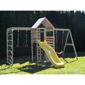 Turn de joaca cu 2 platforme, panou de catarare, tobogan, leagan si modul de gimnastica, Wendi Toys imagine