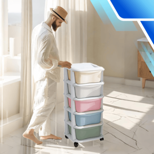 Dulap longitudinal cu roti si 5 compartimente multicolore pentru depozitare NiceKids, din plastic, dimensiune 36 x 35 x 89 cm imagine