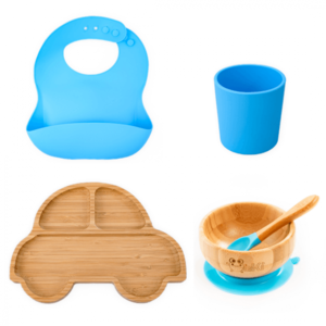 Set diversificare pentru copii Oaki castron si farfurie masinuta din bambus cu lingurita, pahar si baveta albastru imagine