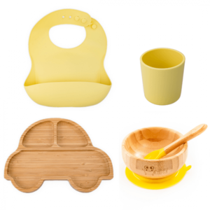 Set diversificare pentru copii Oaki castron si farfurie masinuta din bambus cu lingurita, pahar si baveta galben imagine