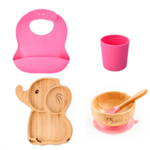 Set diversificare pentru copii Oaki castron si farfurie elefant din bambus cu lingurita, pahar si baveta roz imagine