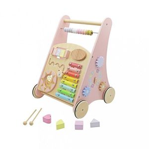 Antepremergator cu multiactivitati pentru copii pink, realizat din lemn, cu xilofon muzical, labirint si forme de potrivit imagine