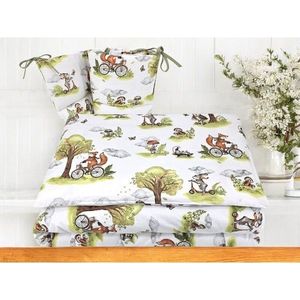 Lenjerie pentru patut Qmini Fox on bikes Natural cu 3 piese, 120x60 cm, protectie laterala, din bumbac imagine