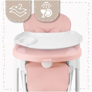 Scaun de masa pentru bebelusi Deli pink, pliabil, cu spatar si inaltime reglabile, prevazut cu roti si tavita dubla detasabila si reglabila imagine