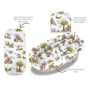 Set pentru landoucosulet Qmini Fox on bikes Natural, cu protectie, saltea si pernuta, din bumbac imagine