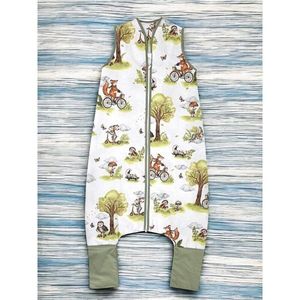 Sac de dormit Qmini Fox on bikes Natural cu picioruse, de iarna, din bumbac, fermoar, 103 cm, marimea M imagine