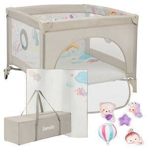 Tarc de joaca Lionelo Mille Plus Bej, pliabil, include saltea, 4 jucarii cu velcro, manere textile 100x100x77 cm imagine