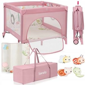 Tarc de joaca Lionelo Mille Plus Roz, pliabil, include saltea, 4 jucarii cu velcro, manere textile 100x100x77 cm imagine