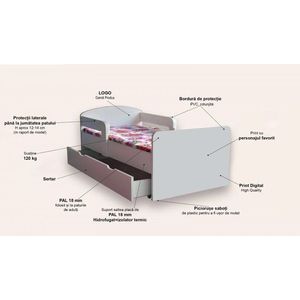 Pat pentru copii alb cu manere, sertar si saltea, 2-8 ani, 140x70 cm imagine