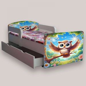 Pat pentru copii Bufnita, cu manere, sertar si saltea, 2-8 ani, 140x70 cm imagine