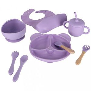 Set complet de hranire copii pentru diversificare hrana, 8 piese din silicon cu fixare in ventuze, purple Teddy imagine