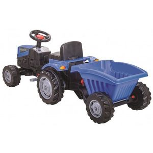 Tractor pentru copii Pilsan Power Blue cu remorca, actionat de pedale, transmisie pe lant, volan cu claxon, scaun reglabil cu spatar, de la 3 ani pana la 50 kg imagine