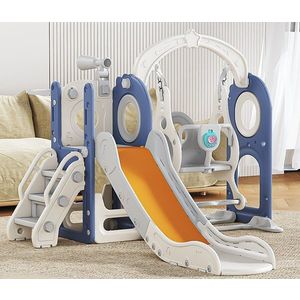 Spatiu de joaca pentru copii Nichiduta Garden bluewhite, de interiorexterior, Leagan muzical cu masuta, tobogan, treptele de acces, balustrade laterale de sustinere, 150 x 170 x 110 cm imagine