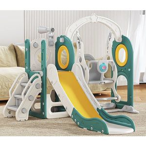 Spatiu de joaca pentru copii Nichiduta Garden greenwhite, de interiorexterior, Leagan muzical cu masuta, tobogan, treptele de acces, balustrade laterale de sustinere, 150 x 170 x 110 cm imagine