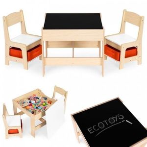 Set masa cu doua scaune pentru copii Ecotoys Natur cu spatiu pentru depozitare, tabla si creta imagine