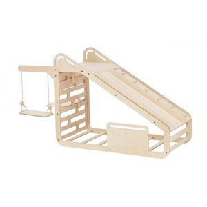 Pat pentru copii MamaToyz Montessori MiniSleepy natur din lemn cu tobogan, tabla de scris, masuta si leagan imagine