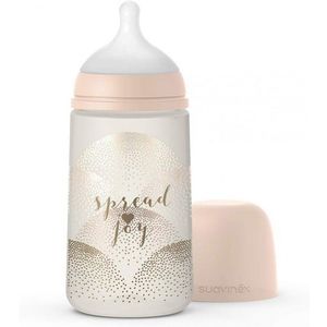 Set biberon 270 ml cu tetina SX Pro cu debit mediu + suzeta SX Pro + clema pentru suzeta Spread Joy bej Suavinex imagine