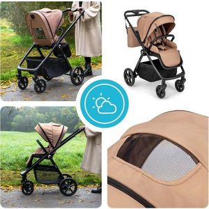 Carucior pentru copii Kidnort Alskar beige, 6-48 luni pana la 22 kg, bara de protectie detasabila, capotina extensibila, spatar si suport pentru picioare reglabile, cu geanta si accesorii incluse imagine