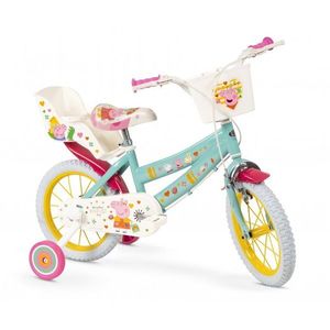 Bicicleta pentru fetite Toimsa Peppa Pig Green 14 inch cu roti ajutatoare, 2 cosulete, frana de mana pe ambele roti, scaun si ghidon reglabile pe inaltime imagine