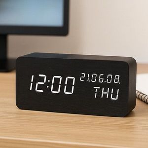 Ceas led digital de birou, afisaj temperaturaumiditate, alarma, alimentare duala, mdf, negru imagine