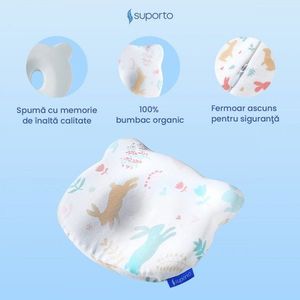 Perna pentru formarea capului Suporto Alb Ursulet model cu iepurasi, 0-12 luni, impotriva plagiocefaliei, ortopedica si hipoalergenica, din spuma cu memorie, husa din bumbac imagine