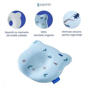 Perna pentru formarea capului Suporto Albastru Ursulet, 0-12 luni, impotriva plagiocefaliei, ortopedica si hipoalergenica, din spuma cu memorie, husa din bumbac imagine