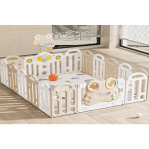 Gardulet loc de joaca pentru copii Nichiduta Garden Beige Frog, pliabil si portabil, de interiorexterior, compus din 14 panouri de gard + 2 panouri laterale cu Cos de baschet si angrenaje rotative, dimensiune 150 x 187.5cm imagine