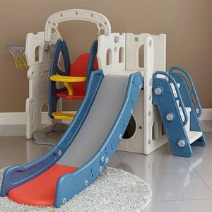 Spatiu de joaca pentru copii 3 in 1 Nichiduta Garden Blue, de interiorexterior, cu platforma, tobogan, leagan cu bara de protectie detasabila, cos de baschet imagine