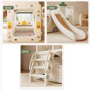 Spatiu de joaca 3 in 1 Nichiduta Garden Happy Bus White cu tobogan, cos de baschet, 190 x 210 x 116 cm imagine