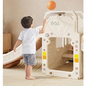 Spatiu de joaca 4 in 1 Nichiduta Happy Bus White cu saltea impermeabila din spuma, Leagan convertibil, Tobogan cu manere si trepte antiderapante, Cos de baschet imagine