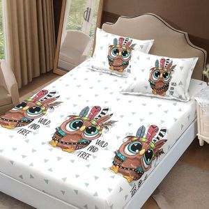 Cearceaf de pat cu elastic Somnart din finet cu imprimeu bufnite, pentru saltea de 160 x 200 cm cu 2 fete de perna imagine