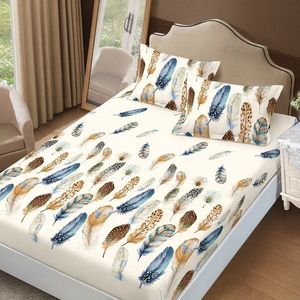 Cearceaf de pat cu elastic Somnart din finet cu imprimeu pene colorate, pentru saltea de 160 x 200 cm cu 2 fete de perna imagine