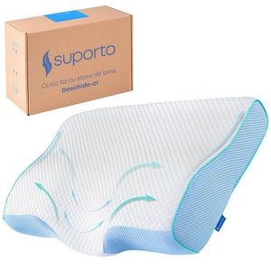 Perna de dormit anatomica si ortopedica cu suport cervical din spuma cu memorie Suporto Albastra imagine
