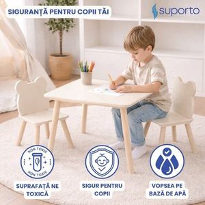Set masa si 2 scaune pentru copii Suporto Crem din lemn MDF, scaun in forma de ursulet, varsta 3-6 ani, cu margini rotunde imagine