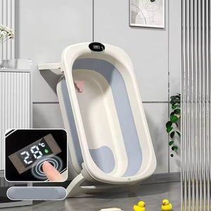 Cadita pliabila pentru copii Little Mom Blue, termometru inteligent cu afisaj digital, dop pentru evacuarea apei, suport cap de dus, antiderapant, dimensiune 83 x 50 x 25 cm imagine