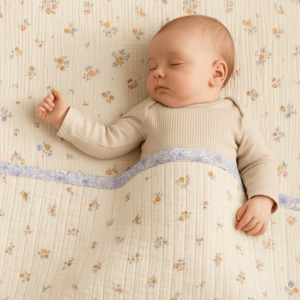 Paturica handmade matlasata din muselina premium cu fata dubla Zomea Ecru Blue 135x100 cm imagine