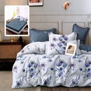 Lenjerie de pat din finet cu 6 piese, cearceaf pat cu elastic, cearceaf pilota 200 x 230 cm, 2 fete perna 50 x 70 cm si 2 fete perna 70 x 70 cm model mov cu flori imagine