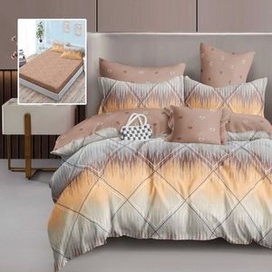 Lenjerie de pat din finet cu 6 piese, cearceaf pat cu elastic, cearceaf pilota 200 x 230 cm, 2 fete perna 50 x 70 cm si 2 fete perna 70 x 70 cm model cu inimioare crem imagine