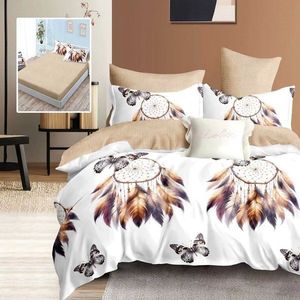 Lenjerie de pat din finet cu 6 piese, cearceaf pat cu elastic, cearceaf pilota 200 x 230 cm, 2 fete perna 50 x 70 cm si 2 fete perna 70 x 70 cm model cu pene crem imagine