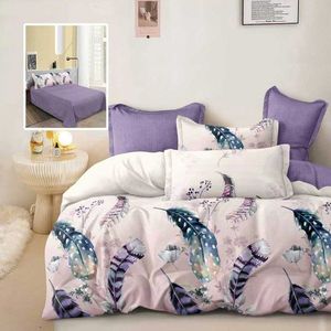 Lenjerie de pat din finet cu 6 piese, cearceaf pat clasic, cearceaf pilota 200 x 230 cm, 2 fete perna 50 x 70 cm si 2 fete perna 70 x 70 cm model mov cu pene imagine