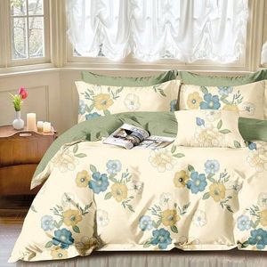 Lenjerie de pat Somnart Percale cu 4 piese, cearceaf pat clasic 240 x 260 cm, cearceaf pilota 200 x 230 cm si 2 fete perna 50 x 70 cm model cu flori crem imagine