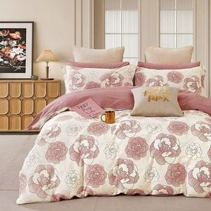 Lenjerie de pat Somnart Percale cu 4 piese, cearceaf pat clasic 240 x 260 cm, cearceaf pilota 200 x 230 cm si 2 fete perna 50 x 70 cm roz si alb imagine