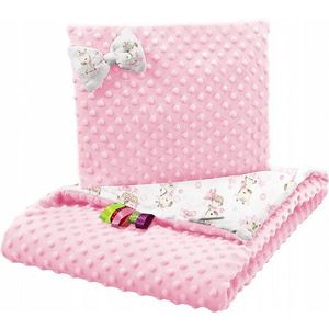 Set paturica 75x100 cm si perna 35x30 cm pentru copii, BabyMam minky pink giraffe, versatila cu doua fete imagine