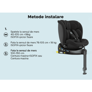 Scaun auto pentru copii Buf Boof N17 Fix Black 40-150 cm iSize, isofix, rotativ 360, picior fixare, pozitie de somn 165 grade imagine