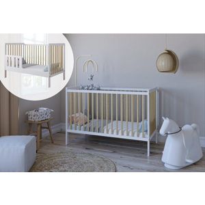 Patut 2 in 1 Lumi alb-natur din Lemn cu somiera reglabila, trepte detasabile si bariera transformare 120 x 60 cm imagine