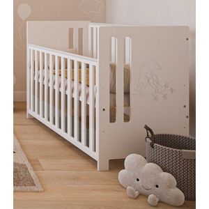 Patut din lemn Pasarele alb cu laterala culisanta si protectie silicon pentru dentitie 120 x 60 cm imagine